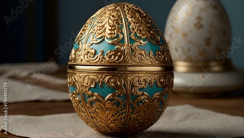A vibrant gold and blue egg-shaped sphere sits against a whimsical easter-themed background, invoking feelings of springtime joy and holiday cheer indoors