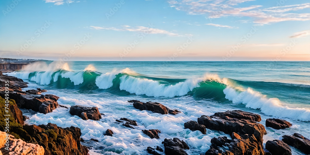 Obraz premium Cliffs towering over the coastline. Panorama. Generative AI.