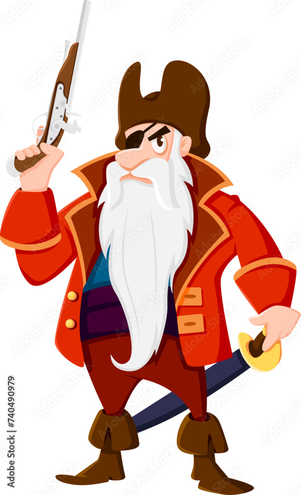Cartoon sea pirate and corsair captain character with gun. Isolated vector rugged fearsome personage with tricorn hat, long white beard and eye patch, clutching a flintlock pistol, ready for adventure Cartoon sea pirate and corsair captain character with gun. Isolated vector rugged fearsome personage with tricorn hat, long white beard and eye patch, clutching a flintlock pistol, ready for adventure