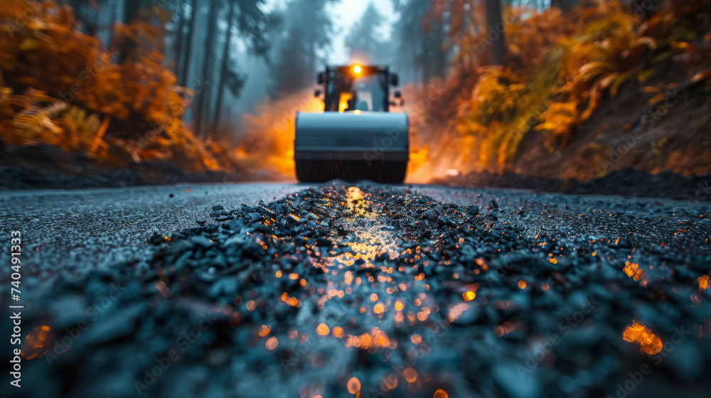A road roller is grinding a road under construction. with meticulously controlled engineers,generative ai - obrazy, fototapety, plakaty 