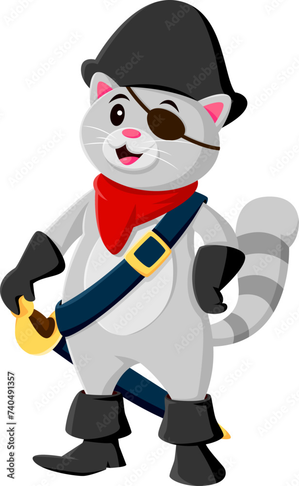 Cartoon cat pirate animal character. Isolated vector whiskered Puss in Boots kitten personage, sails the high seas with a mischievous grin, striped tail, tricorn hat, eye patch, and wielding a cutlass