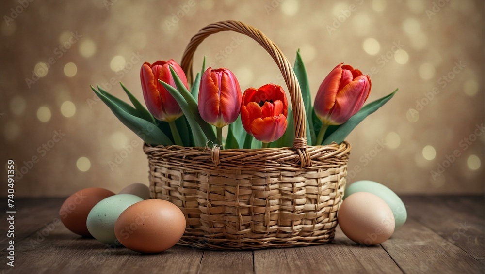 Obraz premium A charming still life of easter delights, featuring a vibrant basket overflowing with red tulips and colorful eggs, displayed in a rustic vase against a wall adorned with a delicate plant