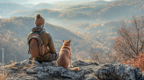 A male tourist with a dog sits on the edge of a cliff and watches nature 