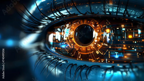 Close-up of human eye with advanced cybernetic enhancements, symbolizing future vision technology