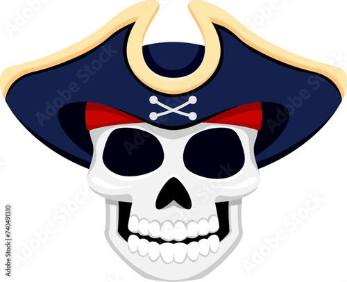 Cartoon pirate captain skull in tricorn hat. Isolated vector jolly roger, filibuster, sailor or corsair skeleton head grins menacingly. Skeletal remains in cocked cap exuding spooky seafaring charm