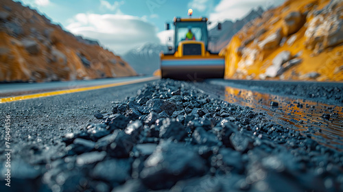 A road roller is grinding a road under construction. with meticulously controlled engineers,generative ai