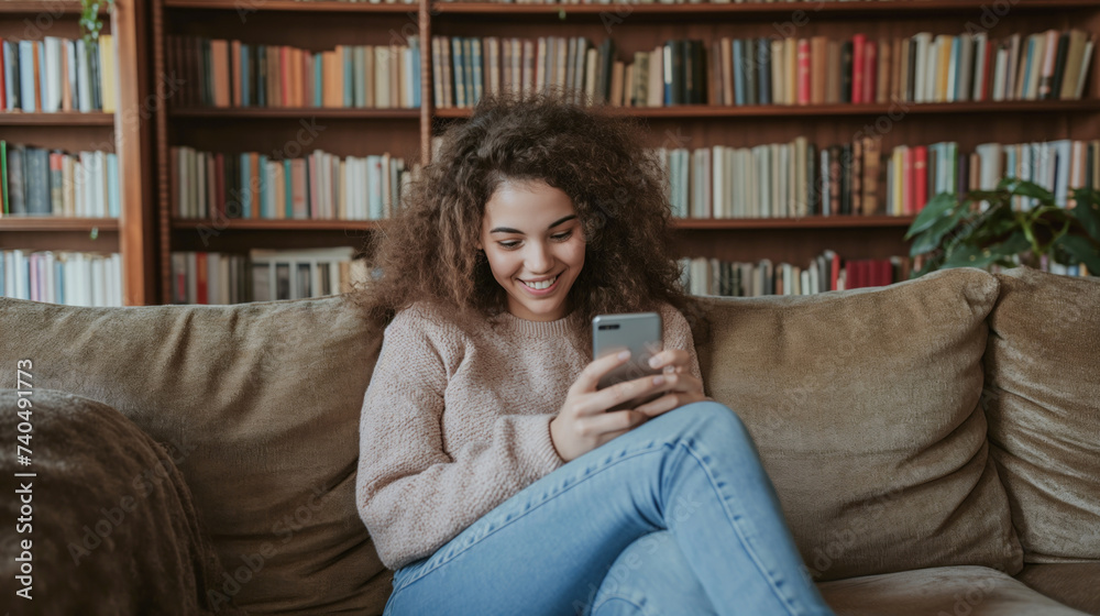 Woman sitting on the sofa and looking at the phone
Woman sitting on the sofa and looking at the phone