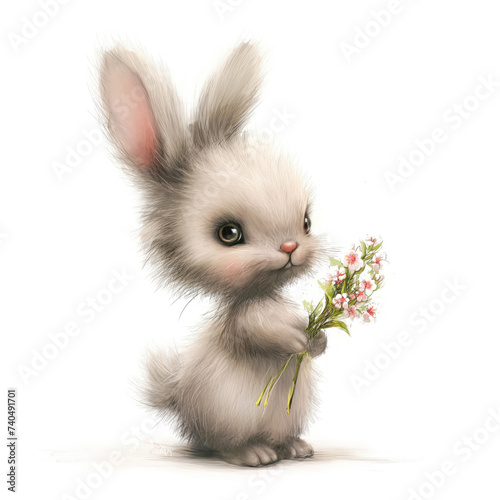 Cute bunny with flowers in hands on a white background

