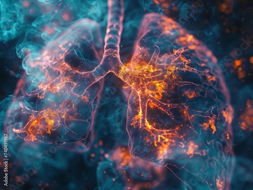 Closeup on a high tech medical scan of a smokers lung with areas affected by cancer glowing in ominous colors photo