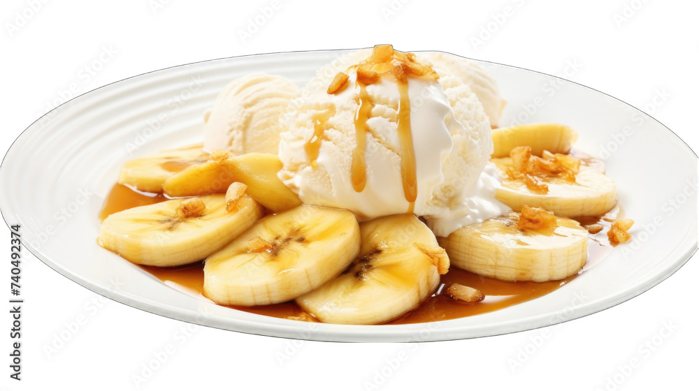 macro Bananas Foster with Vanilla Ice Cream on white plat png
