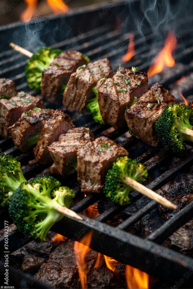 Experience the sizzling flavors of a global barbecue with juicy meat and crisp broccoli skewers grilled to perfection on a charcoal fire, creating a mouthwatering dish fit for any cuisine lover