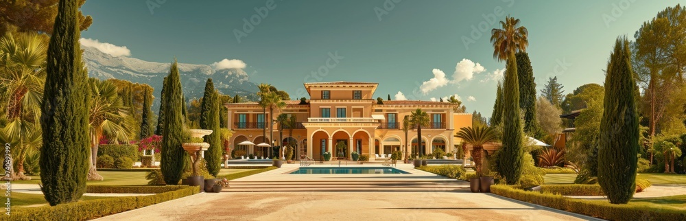 Beautiful modern house in cement, view from the garden