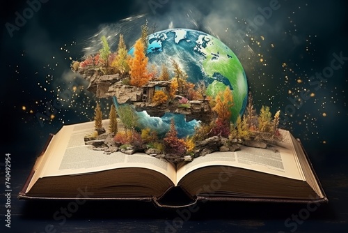 Futuristic image of an open book and planet earth hovering above it photo