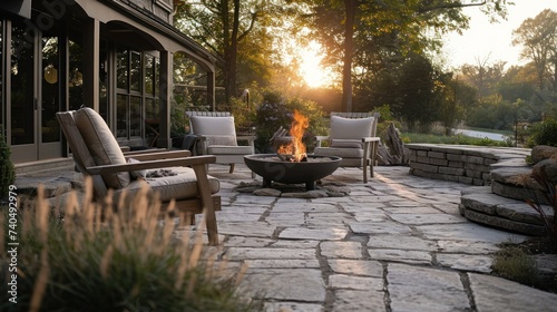 Beautiful backyard firepit at dusk with comfortable chairs