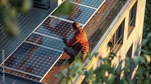 Man Working on Roof With Solar Panels