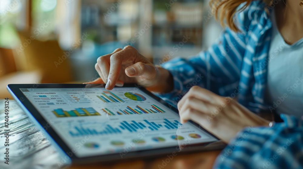 Fototapeta premium Close-up business analysis: tablet financial stats, gesture-driven meeting, silver-azure tone, human-canvas integration, calculated, panoramic web banner.generative ai