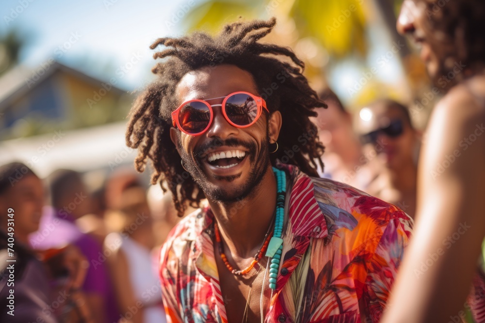 dj set at the beach party. dj spins the music and people is excited with hands up dj set at the beach party. dj spins the music and people is excited with hands up