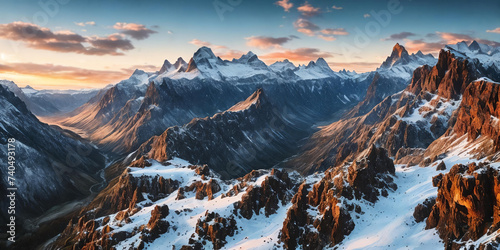 Snowy mountain peaks under a sky panorama. Generative AI.