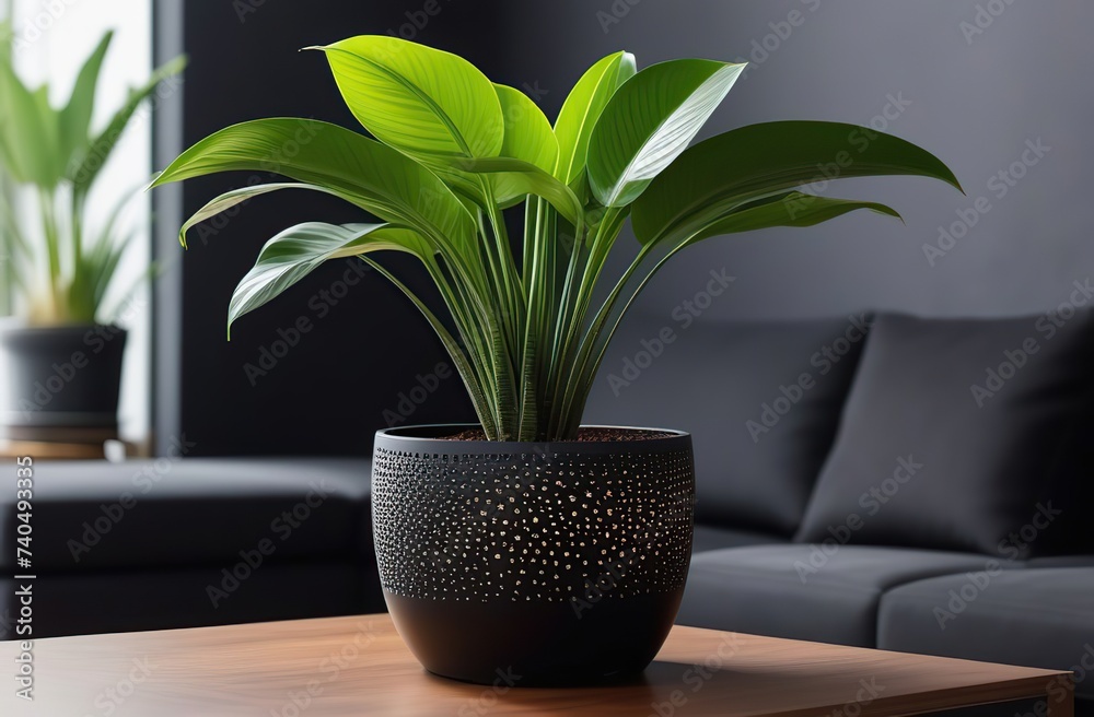 Tropical 'Rhaphidophora Tetrasperma' houseplant with small leaves with holes in black flower pot on coffee table Tropical 'Rhaphidophora Tetrasperma' houseplant with small leaves with holes in black flower pot on coffee table