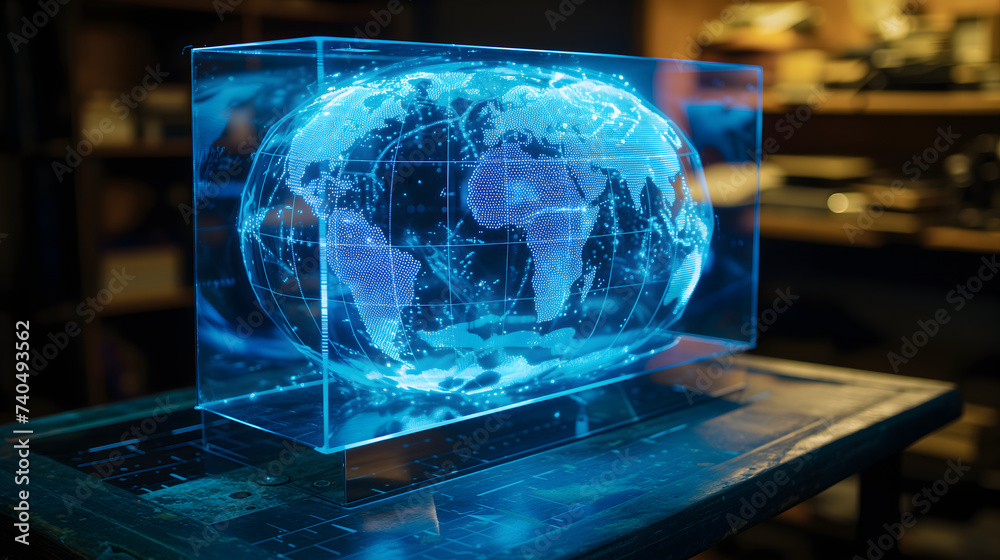 Obraz premium A vivid neon hologram graphic of the wider world is floating in the box on a table with dark background. Blue color tone.