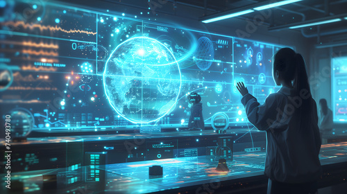 The back side of a scientist is watching a futuristic technology via a hologram graphic of the world and universe in the middle of room. Blue color tone.