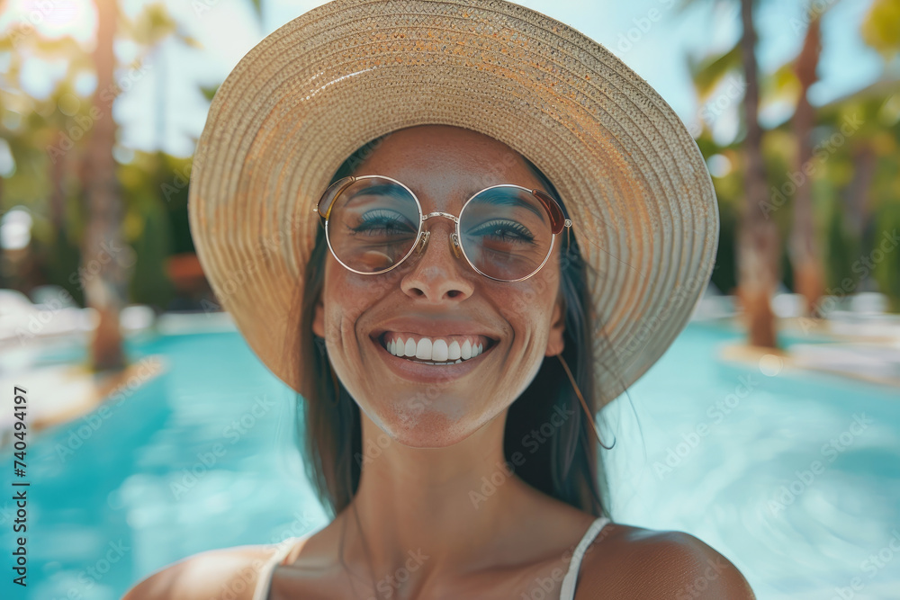 tourist woman with summer hat cheerfully while standing in front of a swimming pool, summer vacation concept