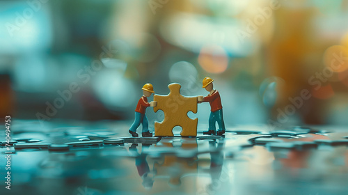 engineer miniature figurines holding actual size jigsaw, cooperate for success concept
