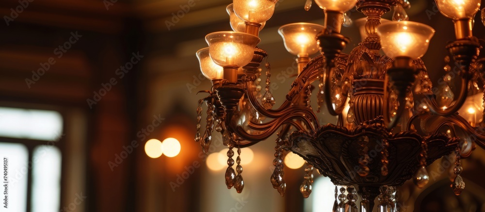 A decorative chandelier made of glass and metal hangs from the ceiling in a room, casting a warm light and adding an elegant touch to the buildings interior A decorative chandelier made of glass and metal hangs from the ceiling in a room, casting a warm light and adding an elegant touch to the buildings interior