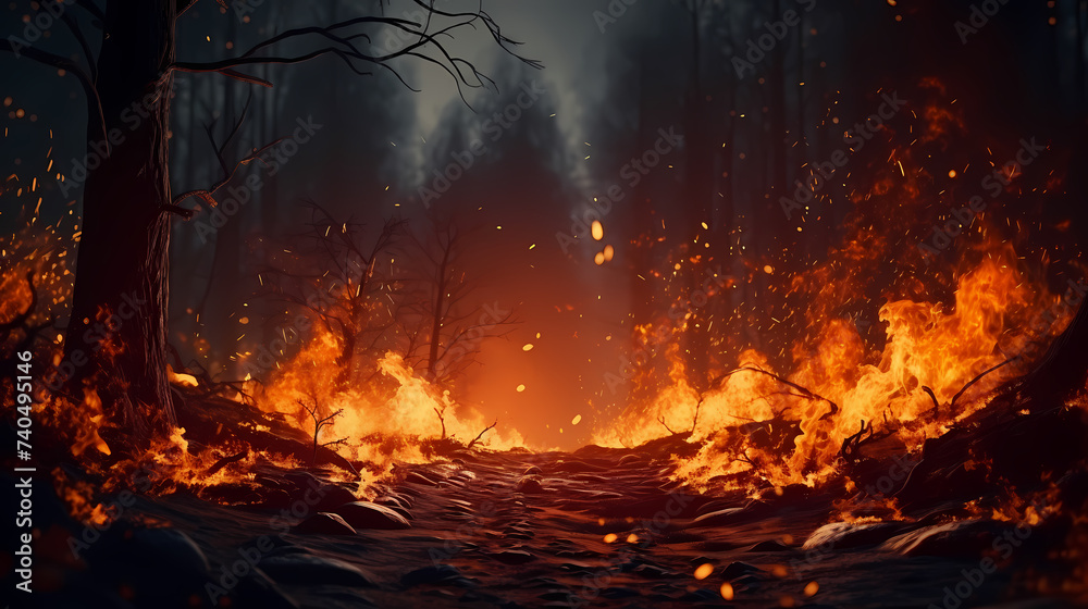 Flame illustration, fire burning and glowing particles Flame illustration, fire burning and glowing particles