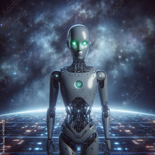 A cutting edge humanoid remains on an enlightened stage, encompassed by a brilliant cosmic system setting. The intelligent surface underneath the robot improves the extraordinary climate.