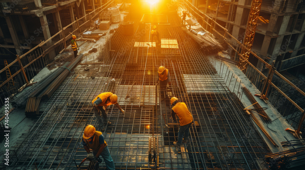 Fototapeta premium Construction workers fabricating steel reinforcement bar at the new modern construction site,generative ai