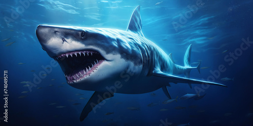 Shark swims through the underwater world. AI Generative