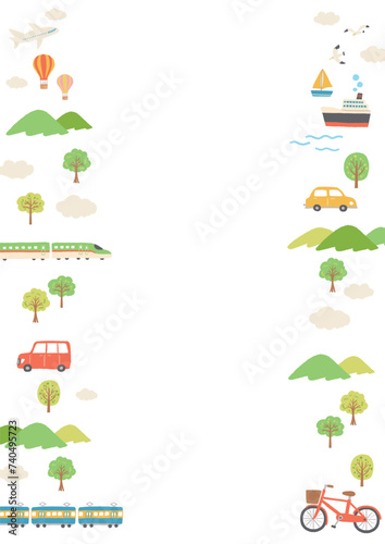 乗り物と山と木の風景のイラスト