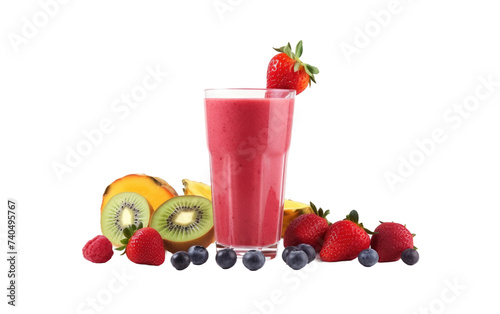 A refreshing smoothie containing freshly sliced kiwis, juicy strawberries, and topped with additional kiwi slices. Isolated on a Transparent Background PNG.