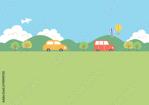 青空と山と車の風景イラスト