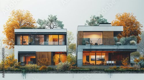 An infographic comparing two homes side by side: a traditional house and a passive house, highlighting energy consumption,generative ai photo