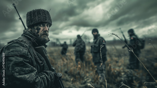  soldiers looking at a distant sky