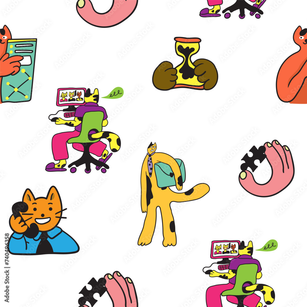 Fototapeta premium seamless patterns with business icons in vector in flat style. illustration of human cats character. Template for backdrop, background, banner, wallpaper, wrapping, print, textile, fabric