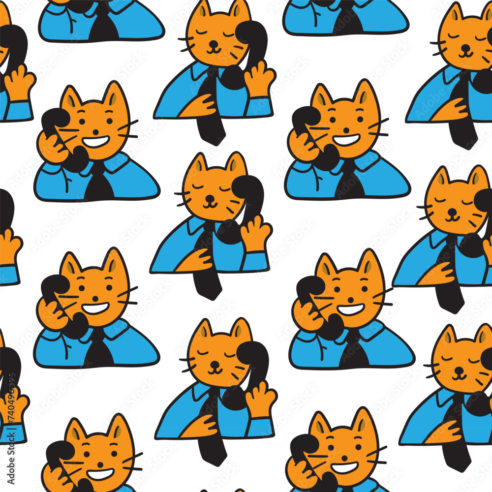 seamless patterns with business icons in vector in flat style. illustration of human cats character. Template for backdrop, background, banner, wallpaper, wrapping, print, textile, fabric
