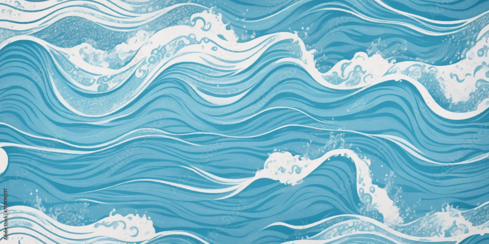 Fototapeta Watercolor surface ocean water wave, seamless blue water ocean wave background. Blue water ocean surfing wave.