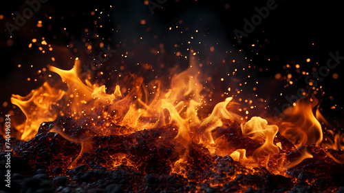 Flame illustration, fire burning and glowing particles