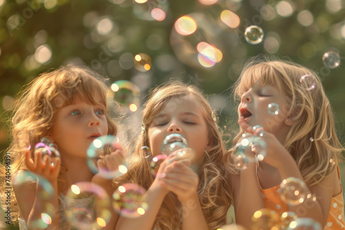 Happy girls have fun playing a game of blowing bubbles in a park with friends