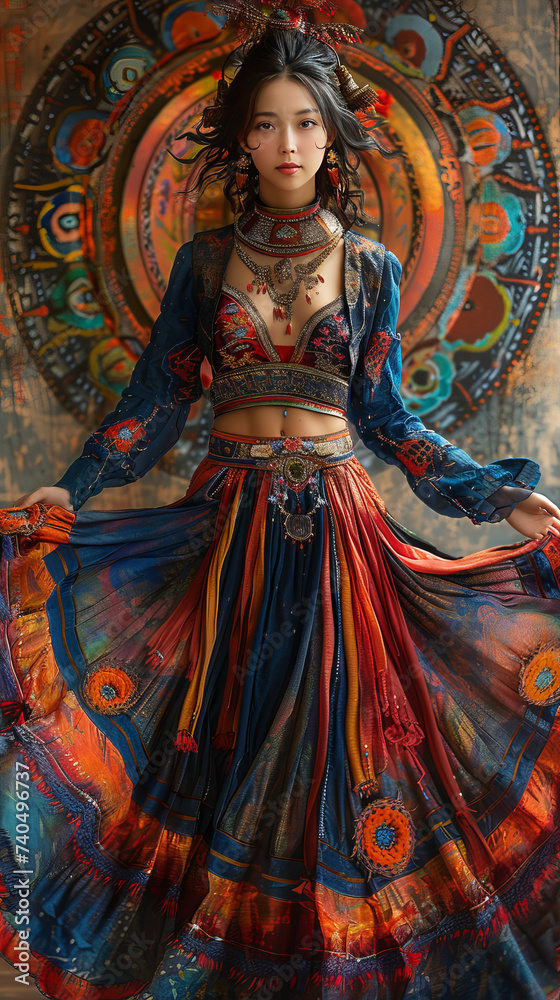 a beautiful Hmong girl dancing, tribal ball gown based on Hmong fashion, dunhuang mural,lsd fairy dancing,generative ai