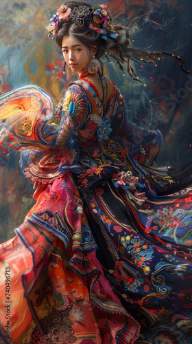 a beautiful Hmong girl dancing, tribal ball gown based on Hmong fashion, dunhuang mural,lsd fairy dancing,generative ai