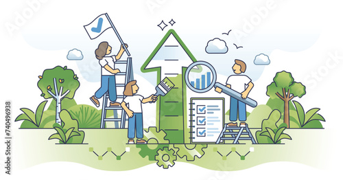 Continuous improvement and business development process outline concept. Effective growth with teamwork and partnership vector illustration. Company evolution and effective progress management.
