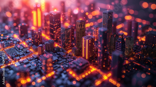 A digital cityscape with buildings made up of pixels and glowing neon lights. Each building represents a different aspect of credit and loans such as banking institutions
