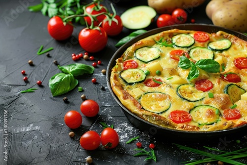 Omelette with tomatoes zucchini and potatoes on dark background healthy diet food for breakfast tasty morning food.