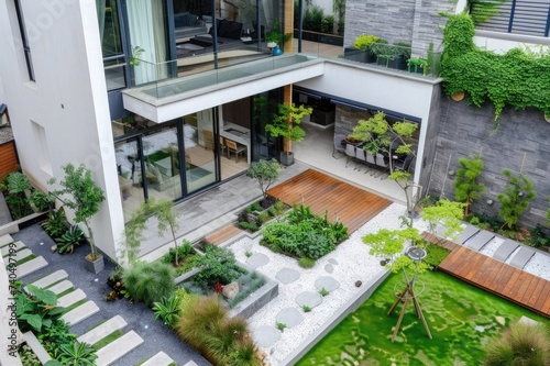 Modern house with beauty terrace and garden.