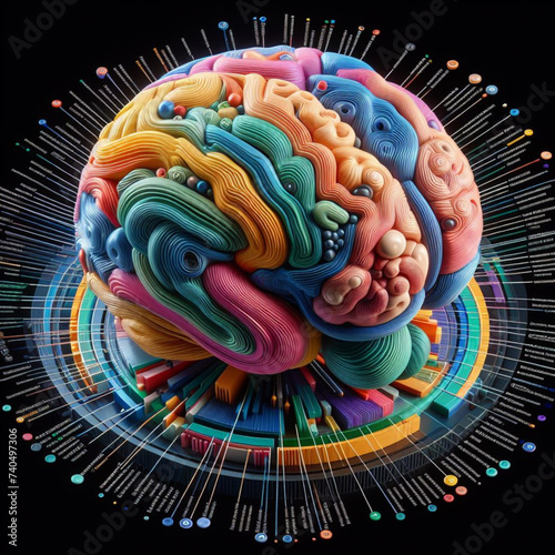 A bright, enlightened human cerebrum inside an outline, encompassed by symbols representing information and associations. The energetic tones propose complex mental cycles or man-made reasoning.