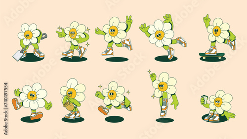 Vintage Cartoon flower sticker. Retro comic daisy character. Vintage trendy 70s mascot flowers with face. Floral daisies in many activity. Funny bouquet in hands. Vector set flowerpots

